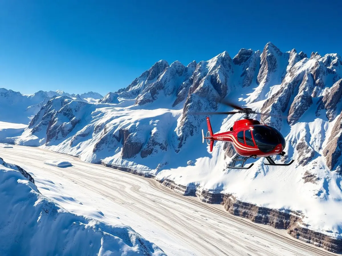 Immagine illustrativa (generata con IA) Elicottero – atterraggio su ghiacciaio «Bernina-Gletscherflug», Graubünden
