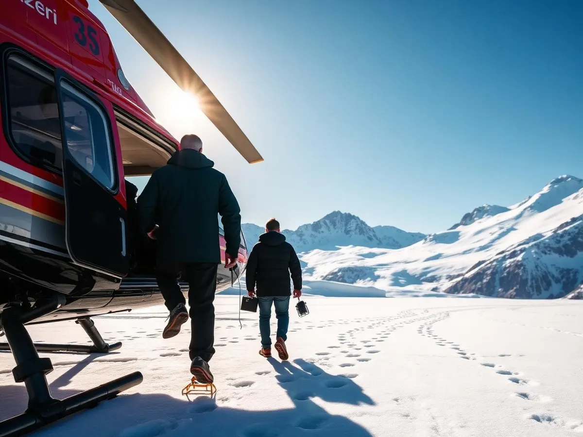 Illustrative image (AI-generated) Helicopter glacier landing "Touch the Glacier", Berner Oberland